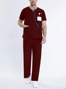 Men's Short Sleeve Elastic Work Uniform Set, Includes Breathable Stretchy Shirt With Pocket And Drawstring Waist Pants