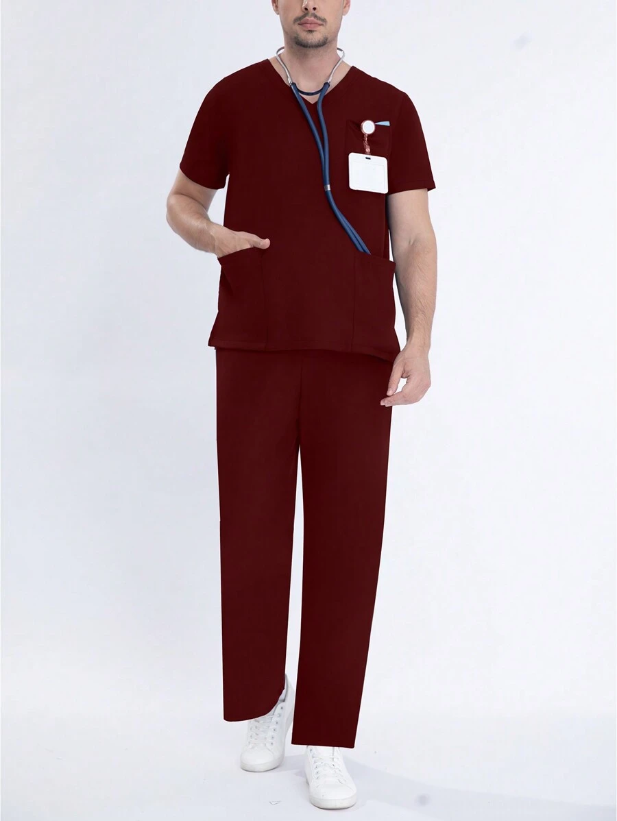 Men's Short Sleeve Elastic Work Uniform Set, Includes Breathable Stretchy Shirt With Pocket And Drawstring Waist Pants