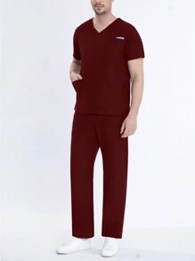 Men's Short Sleeve Elastic Work Uniform Set, Includes Breathable Stretchy Shirt With Pocket And Drawstring Waist Pants