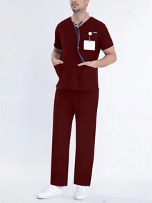 Men's Short Sleeve Elastic Work Uniform Set, Includes Breathable Stretchy Shirt With Pocket And Drawstring Waist Pants