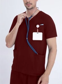 Men's Short Sleeve Elastic Work Uniform Set, Includes Breathable Stretchy Shirt With Pocket And Drawstring Waist Pants