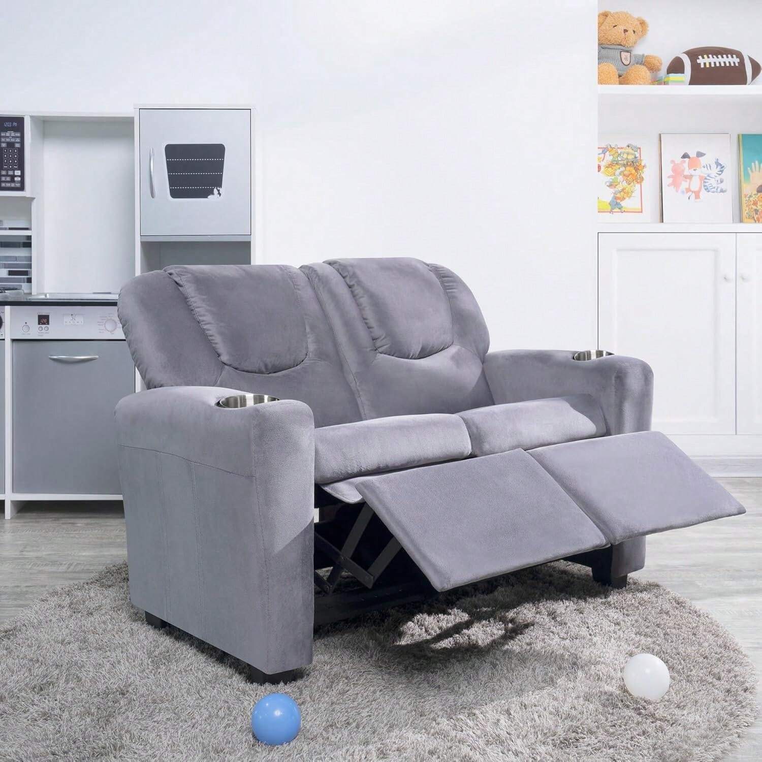 Kids Push Back Loveseat Recliner With Cup Holders, Adjustable Footrest