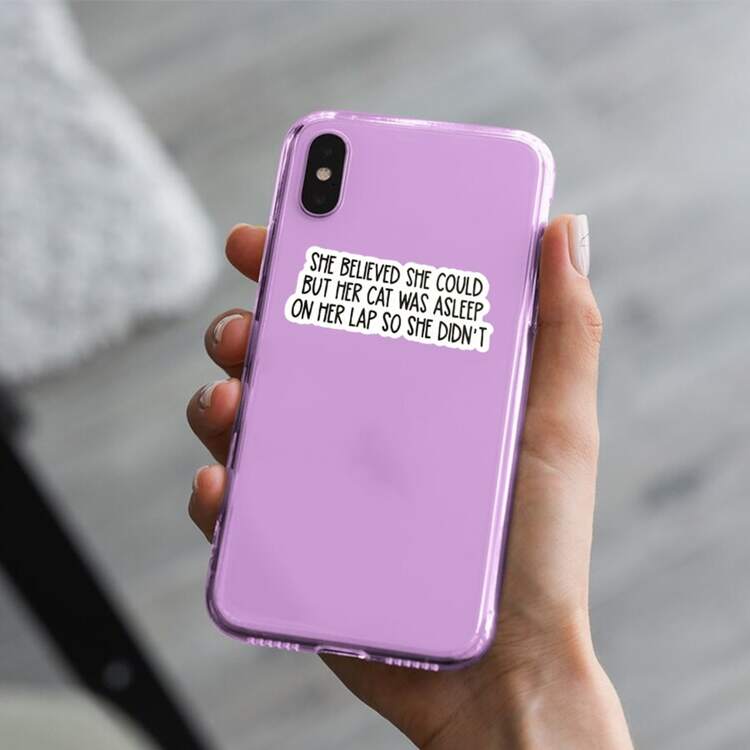 1PC, Humorous And Fun 3-Inch Removable Outdoor Waterproof Vinyl Creative Gift Personalized Sticker, Cat Lover Bumper Sticker - "She Believes She Can" Asleep Lap Cat Humorous Quote Cat Sticker - Multicolor - View 6