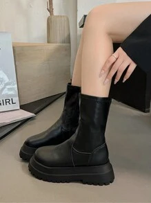 Botas de media pantorrilla de unicolor para mujeres, con cierre de cremallera lateral, cómodas para usar todo el día, adecuadas para vestimenta formal y exteriores, con tacón grueso y antideslizante, botas cálidas para otoño/invierno