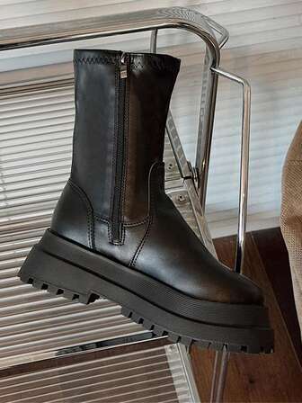 Dammode i enfärgade mid-kalfstövlar, stängning med dragkedja på sidan, bekväm att bära hela dagen, lämplig för högtidskläder och utomhus, tjocka klackar och halkfria varma höst-/vinterstövlar