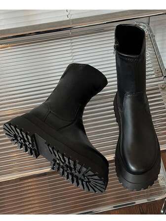 女士时尚纯色中筒靴，侧拉链开合，全天舒适穿着，适合正式穿着和户外穿着，厚跟防滑保暖秋冬靴