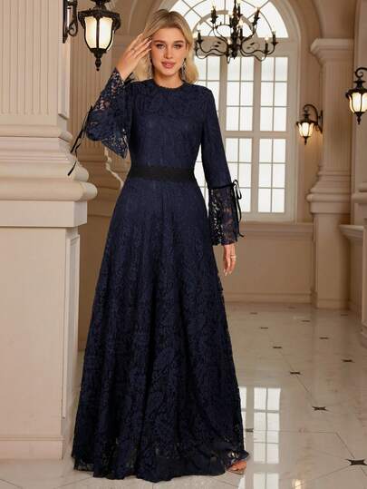 Women's Evening Dress Lace Long Sleeve Extra Long Dress, Elegant Formal Prom Gown, For Wedding Guest, Graduation, Dinner