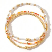 2-3pcs Minimalist Gold Bead Interval Colored Rice Bead 18k Gold-Plated Copper Bead Gold Bead Women's Bracelet Set Gift For Her, Wife, Women