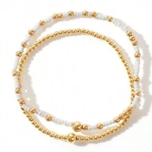 2-3pcs Minimalist Gold Bead Interval Colored Rice Bead 18k Gold-Plated Copper Bead Gold Bead Women's Bracelet Set Gift For Her, Wife, Women
