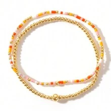 2-3pcs Minimalist Gold Bead Interval Colored Rice Bead 18k Gold-Plated Copper Bead Gold Bead Women's Bracelet Set Gift For Her, Wife, Women