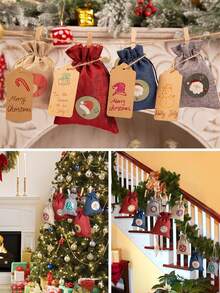 24 calendarios de adviento para rellenar bolsas de tela, calendarios de adviento para rellenar con pegatinas de calendario de adviento del 1 al 24 y 10 m de cuerdas de yute, calendario de Navidad para decorar por  mismo - Multicolor - Ver 5