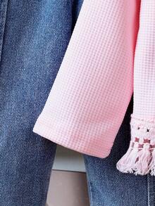Bộ 2 áo dài tay tua rua màu hồng thường ngày cho bé gái và quần denim tua rua mùa xuân thu - Hồng - Xem 5