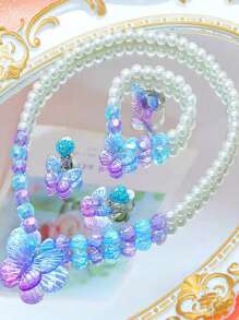Juego de joyería infantil de 5 piezas con mariposa y perla, incluye collar, pulsera, anillo, aretes de clip, adecuado para niñas, para uso diario, obsequios de fiesta, regalos festivos