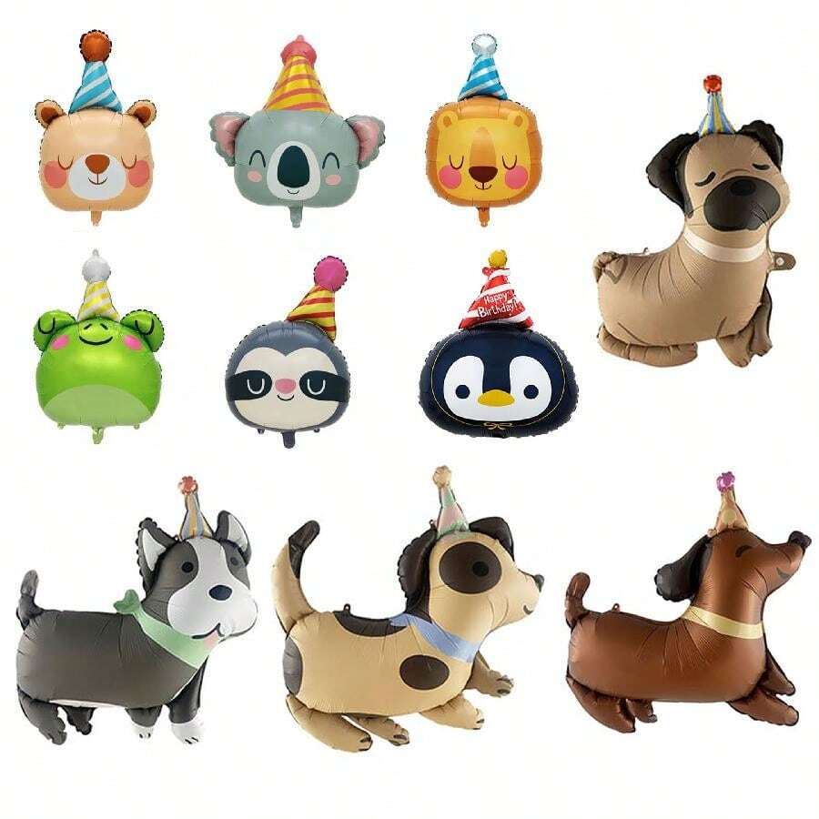 1个生日帽动物头青蛙树懒考拉狮子卡通动物铝膜气球生日派对装饰