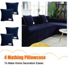 L Shape Sectional Sofa Cover 2-Piece Couch Cover Soft Velvet Elastic Stretch Sofa Slipcover For 3 Seater + 4 Seater Sofa Furniture Protector Couch Stretch L Shape Sofa Slipcover With 4Pcs Pillowcases - 藏蓝色 - 查看 5