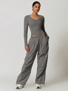 MASKERT Top court près du corps pour femme, t-shirt à manches longues, Top de sport à manches longues pour yoga et course avec protection solaire, confortable et doux pour la peau