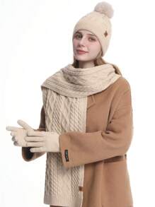 1-3pcs/Set Women's Winter Knitted Beanie Scarf Touchscreen Gloves Set, Thick Lined, Striped, Textured, Pompom Decor, Suitable For Skiing, Travel, Driving, Gifts Halloween Winter Accessories Halloween Decor