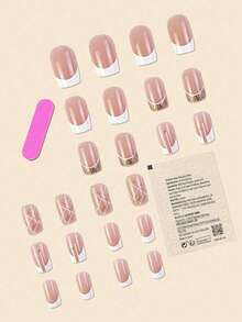 24 chiếc móng tay giả hình vuông thời trang màu trắng và vàng lấp lánh thiết kế tuyến tính tối giản với gel thạch và dũa móng, thích hợp cho tiệc tùng, vũ hội và đeo hàng ngày - Nhiều màu - Xem 4