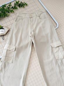 Women's Wide-Leg High-Waisted Cargo Jeans In Twill Fabric - Beige - View 5