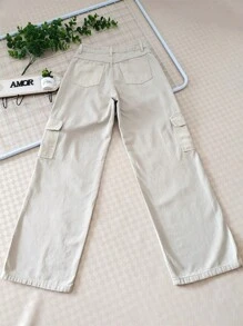 Women's Wide-Leg High-Waisted Cargo Jeans In Twill Fabric - Beige - View 2