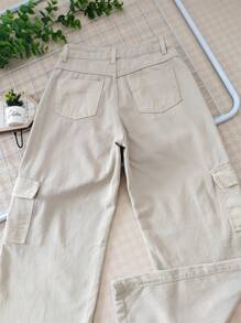 Women's Wide-Leg High-Waisted Cargo Jeans In Twill Fabric - Beige - View 4