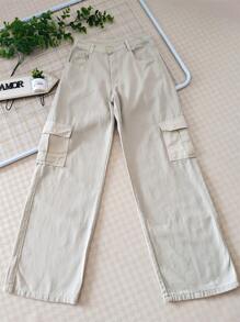 Women's Wide-Leg High-Waisted Cargo Jeans In Twill Fabric - Beige - View 1