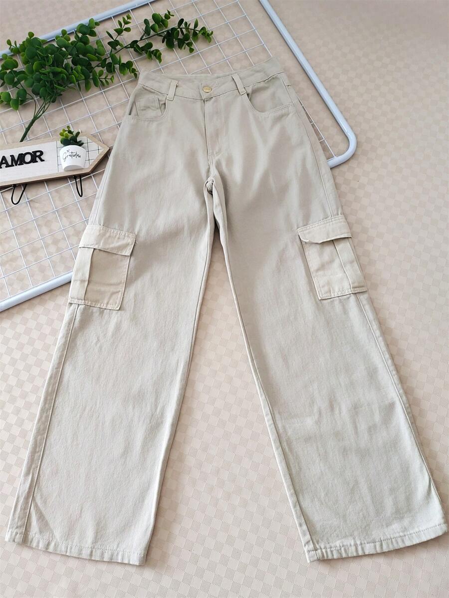 Women's Wide-Leg High-Waisted Cargo Jeans In Twill Fabric - Beige - View 1