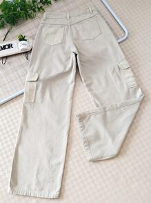 Women's Wide-Leg High-Waisted Cargo Jeans In Twill Fabric - Beige - View 3