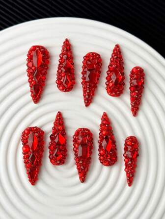 10Pcs/Pack Hand-Made Sharp Stiletto Artificial Nails With Red Rhinestone Nail Tips, 3D Design Glitter Manicure, Diy Shiny False Nails For Women (Note: The Product Has A Smaller Size, Please Pay Attention To The Size When Placing Your Order.) Press On Nails Nail Supplies Nails