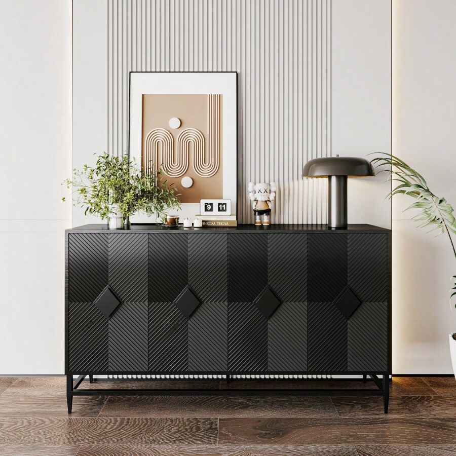 Accent Black Lacquered 4 Door Wooden Sideboard Buffet Server