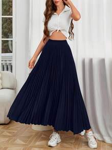 Chân váy xếp ly tối giản thanh lịch dành cho nữ, kiểu dáng thường ngày, thích hợp cho mùa xuân. - Màu xanh hải quân - Xem 3