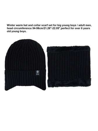 2st stickad öronlappsmössa och halsduk för tonårspojkar i åldern 8+, vintertjock varm fleece