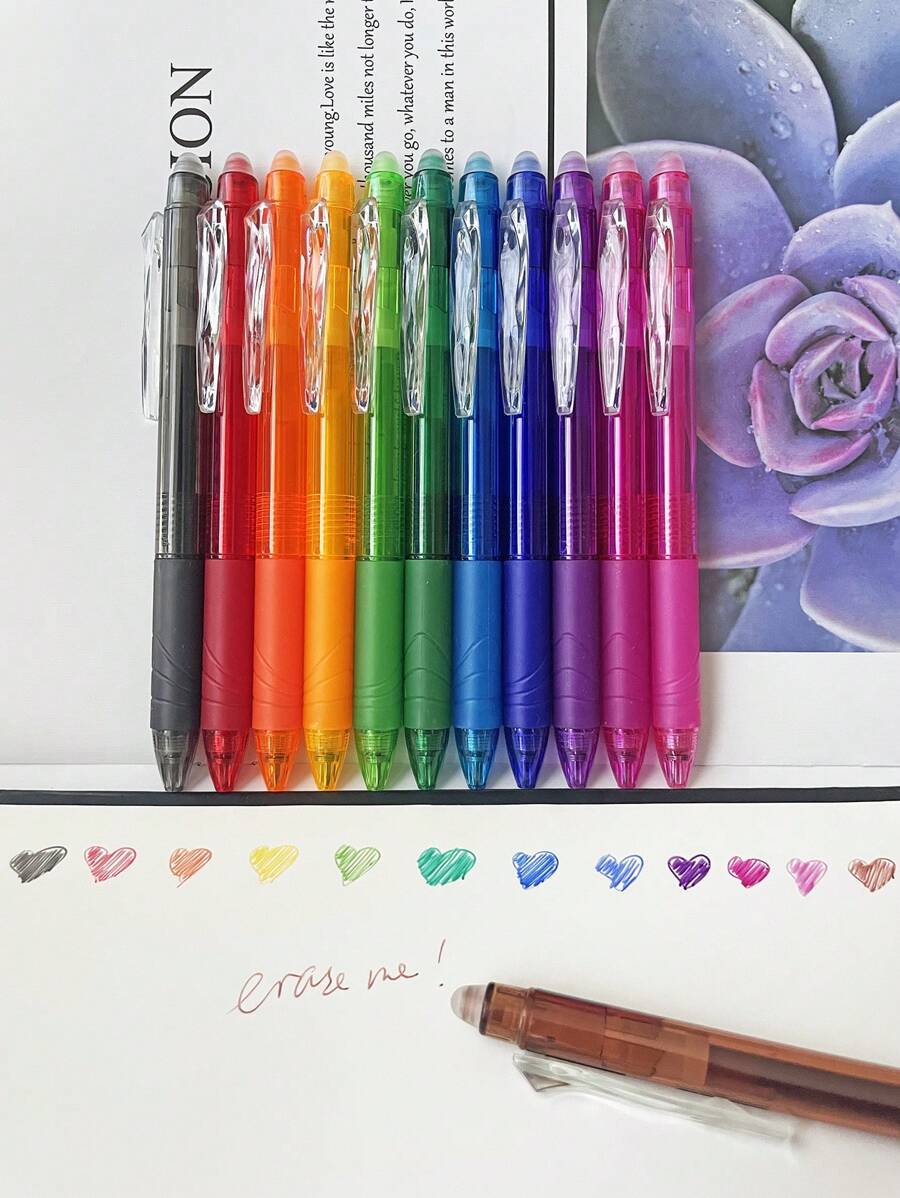 Set de 12 bolígrafos de gel borrables y de colores, de punta fina de 0.5 mm, bolígrafo con clic lateral para escribir, dibujar, planificar, útiles escolares y de oficina. Borra los errores en cualquier momento, de vuelta al colegio