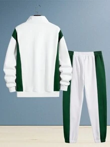 男士宽松撞色休闲拉链卫衣和运动裤套装，秋冬季 - 白色 - 查看 3