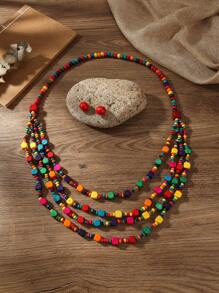 Collar con colgante de cuentas multicapa hecho a mano, conjunto de collar y aretes de cuentas de madera bohemio, accesorios de moda para fiesta/vacaciones - Multicolor - Ver 11
