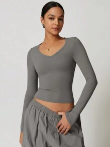 MASKERT Top court près du corps pour femme, t-shirt à manches longues, Top de sport à manches longues pour yoga et course avec protection solaire, confortable et doux pour la peau