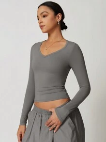 MASKERT Top court près du corps pour femme, t-shirt à manches longues, Top de sport à manches longues pour yoga et course avec protection solaire, confortable et doux pour la peau