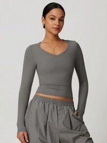 MASKERT Top court près du corps pour femme, t-shirt à manches longues, Top de sport à manches longues pour yoga et course avec protection solaire, confortable et doux pour la peau