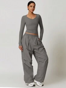MASKERT Top court près du corps pour femme, t-shirt à manches longues, Top de sport à manches longues pour yoga et course avec protection solaire, confortable et doux pour la peau