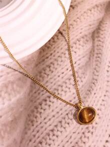 1 pieza Collar con colgante vintage de piedra ovalada en negro, blanco y marrón, enchapado en oro de 18K, acero inoxidable, pequeño y lindo, regalo de joyería para mujer