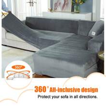 L Shape Sectional Sofa Cover 2-Piece Couch Cover Soft Velvet Elastic Stretch Sofa Slipcover For 3 Seater + 4 Seater Sofa Furniture Protector Couch Stretch L Shape Sofa Slipcover With 4Pcs Pillowcases - Màu Xám nhạt - Xem 5