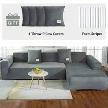 L Shape Sectional Sofa Cover 2-Piece Couch Cover Soft Velvet Elastic Stretch Sofa Slipcover For 3 Seater + 4 Seater Sofa Furniture Protector Couch Stretch L Shape Sofa Slipcover With 4Pcs Pillowcases - Màu Xám nhạt - Xem 11