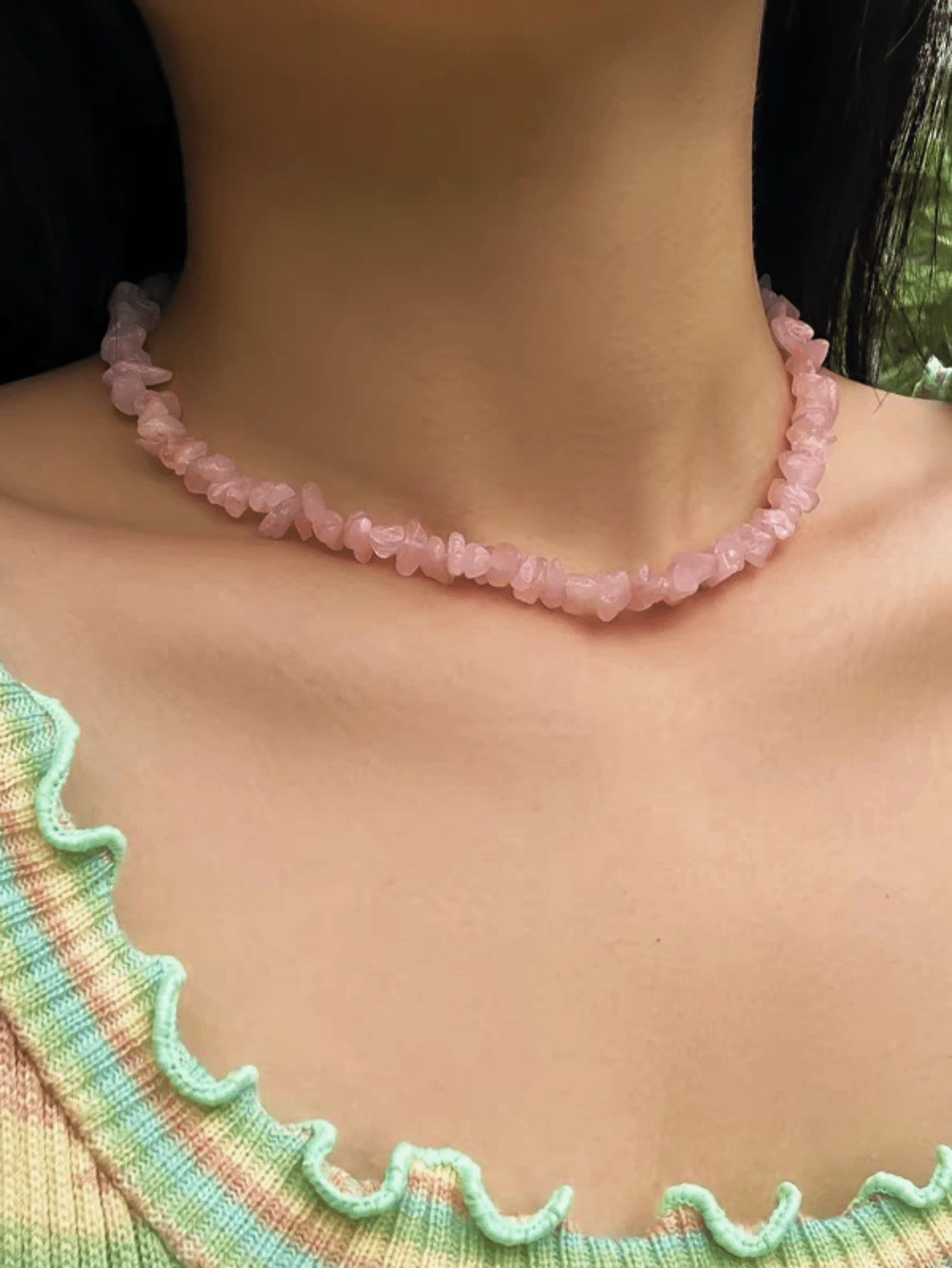 1 件粉红石英和绿松石不对称串珠石项链,适合女性日常佩戴 - 粉色 - 查看 1