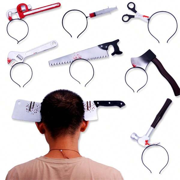1pc Halloween Decorative Headbands, Headband Decorations, Simulated Tricks Through The Head Axe Sharp Knife Kitchen Knife Head Buckle Headpiece Halloween Carnival Horror Playing Party Props PVC Headband Horror Headband For Halloween And Christmas Party