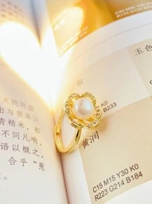 1 pieza Anillo abierto ajustable de perla barroca, diseño floral minimalista, elegante y ligero para mujeres