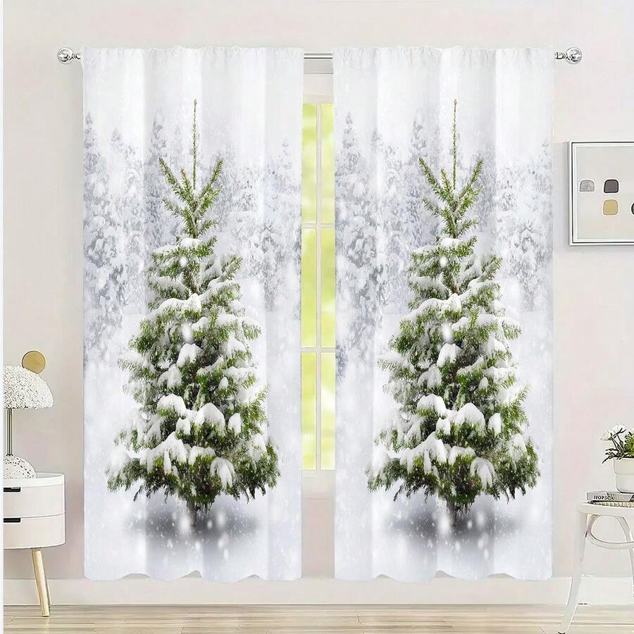 2pcs Cedar Digital Print Curtains - Soft Translucent Polyester Material, Suitable For Living Room, 52*84 Inches - White - View 1