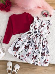 Set de 2 piezas para niña con chaqueta volada y vestido sin mangas con estampado de mariposas, para primavera/otoño - Rojo - Ver 3