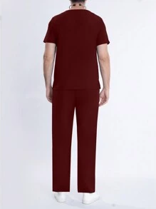 Men's Short Sleeve Elastic Work Uniform Set, Includes Breathable Stretchy Shirt With Pocket And Drawstring Waist Pants