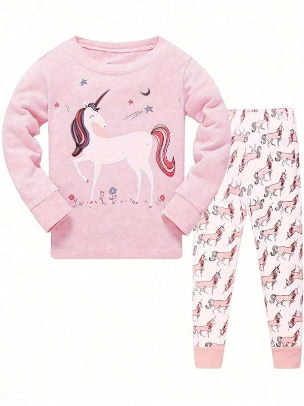 2pcs/Set Young Girl Casual Cute Kitty Print Long Sleeve Top And Pants Pajama Set, Spring Autumn