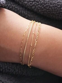 6 件女士金链手链套装，14K 镀金链式精致手链回形针链蛇链盒链可调节多层手链套装黄金珠宝礼物 - 金色 - 查看 9